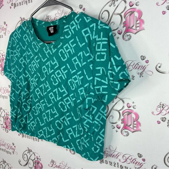 Lazy Oaf cropped tshirt digital clock look pattern writing Teal Logo Crop Top - Picture 3 of 8